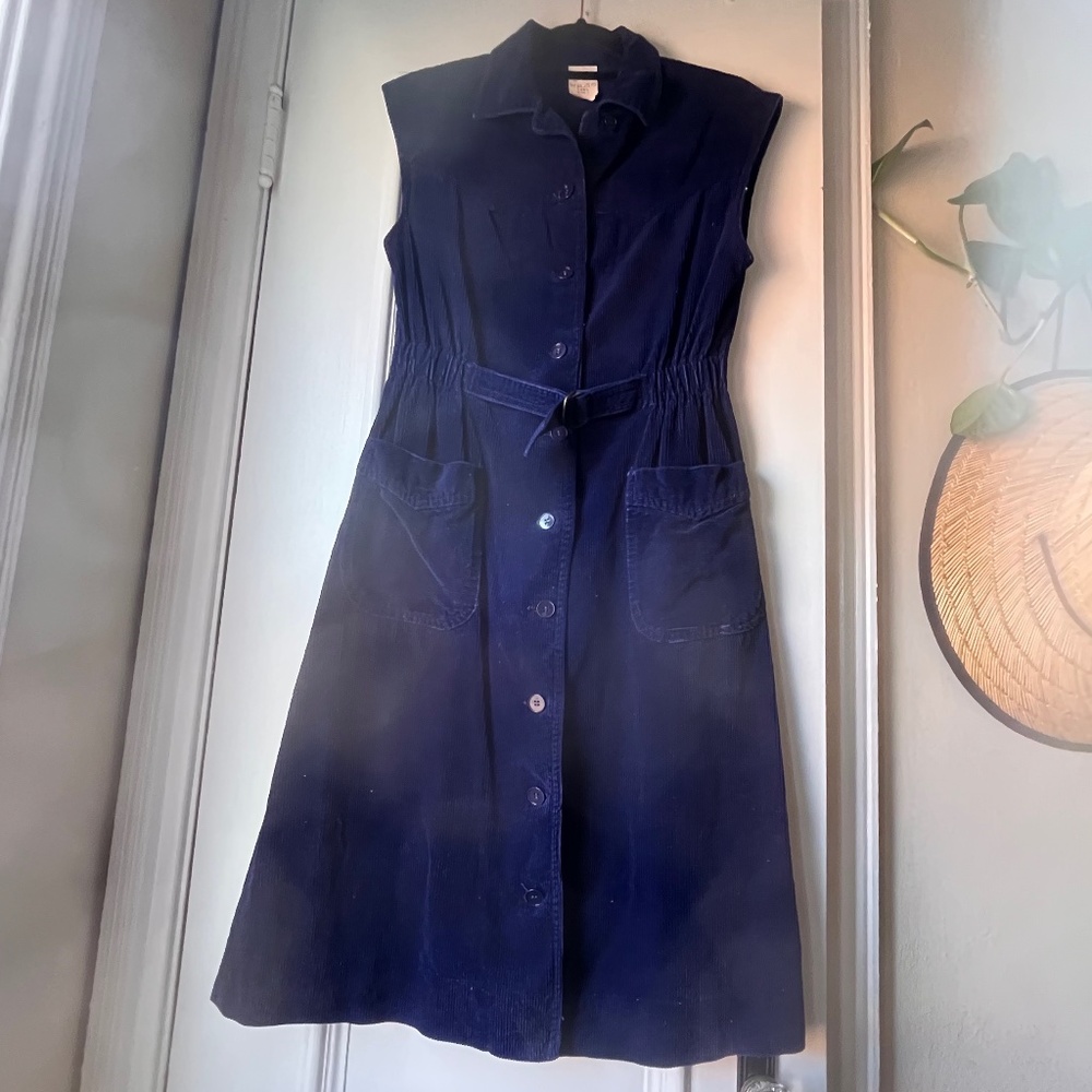 Vintage Sleeveless Navy Blue Corduroy Shirt Dress Size S